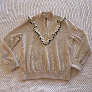 Tory Burch Sport Quarter Zip Pullover Cream with Green Piping Extra Small XS